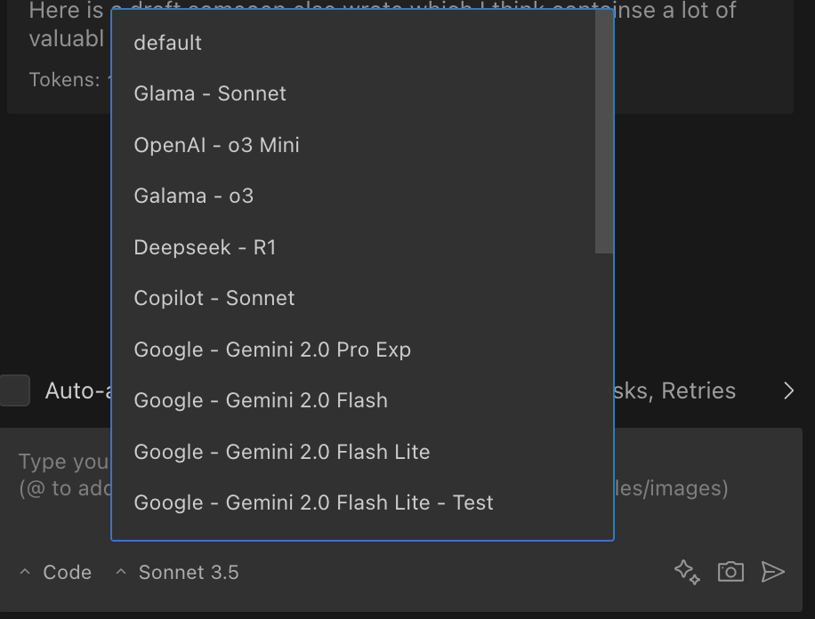 API Configuration dropdown in chat interface